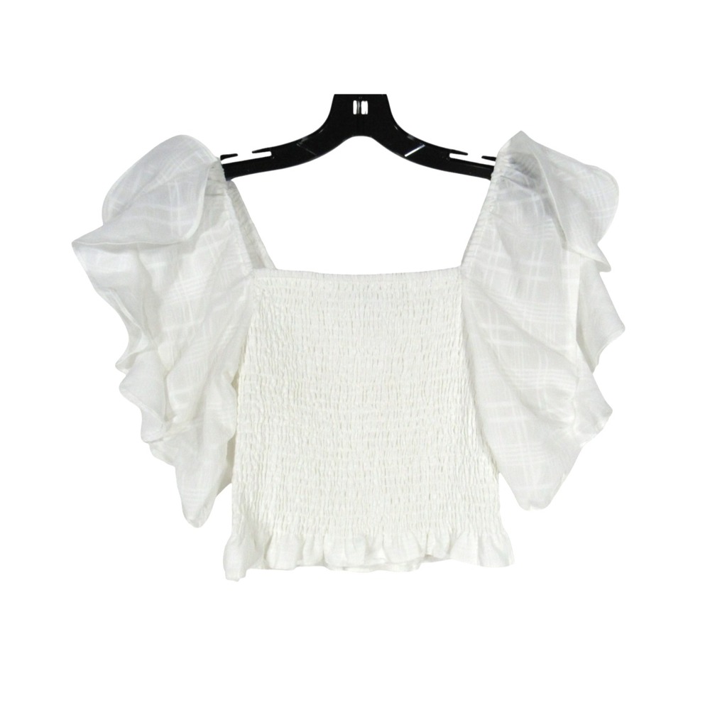 DO+BE Stretch SMOCK Semi-Sheer Plaid FLUTTER SLEEVES White CROPPED BLOUSE/TOP S